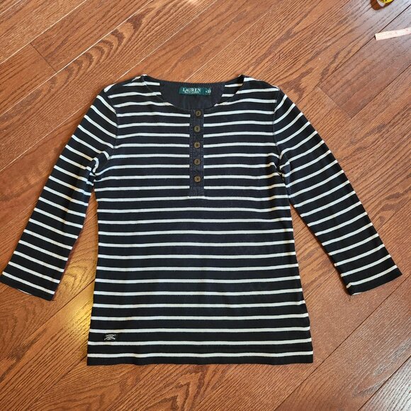 Ralph Lauren Women’s M Black White Striped Shirt 3/4 Sleeve sailing Preppy Chic - Picture 3 of 8